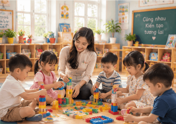 Bé chơi xếp hình cùng cô